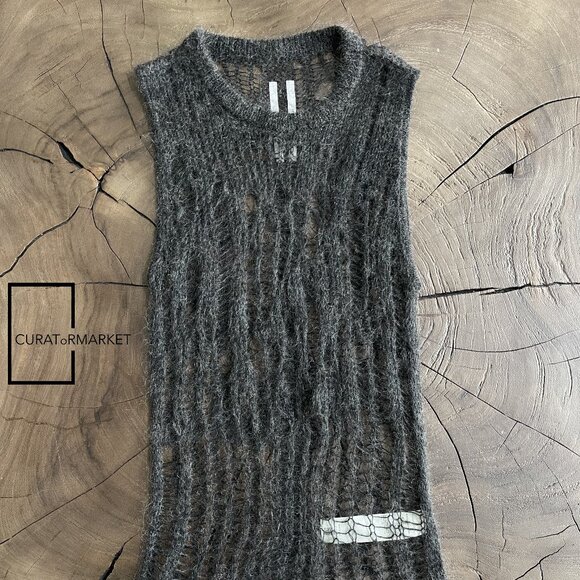 Rick Owens: Wool Blend Dark Dust Hand Knit Spider Tank Top SS24 Lido - Picture 1 of 16